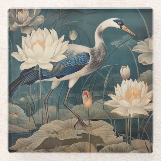 Vintager botanischer Kranich und Lotus Glasuntersetzer (Vorderseite)