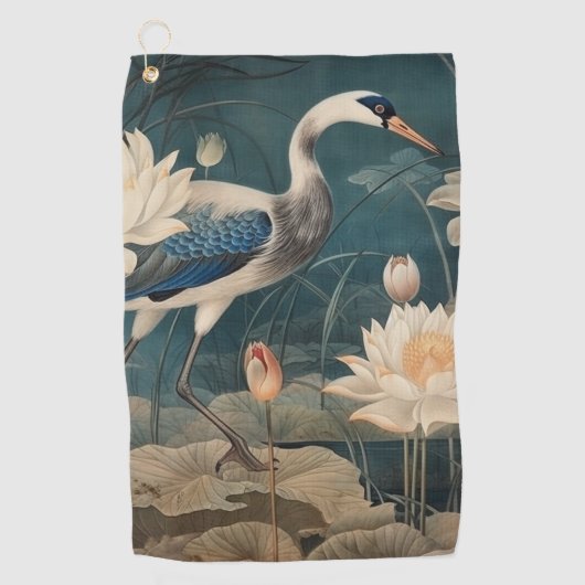 Vintager botanischer Kranich und Lotus Golfhandtuch (Vorderseite)