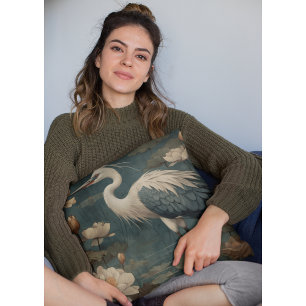 Vintager botanischer Kranich und Lotus Kissen