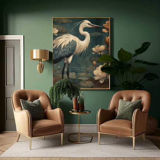 Vintager botanischer Kranich und Lotus Leinwanddruck