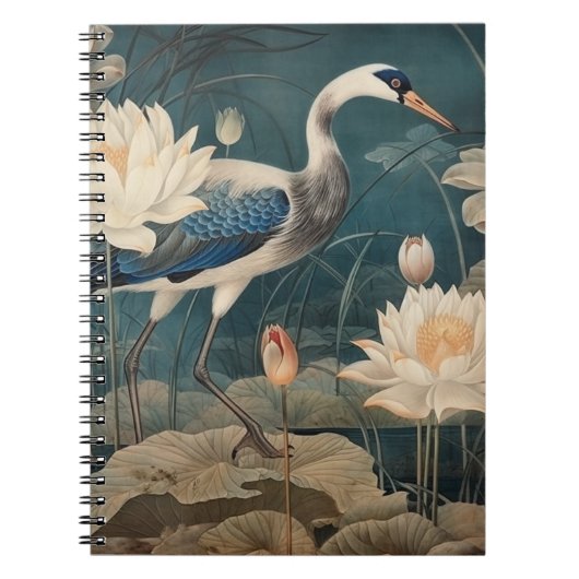 Vintager botanischer Kranich und Lotus Notizblock (Vorderseite)