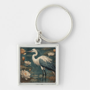 Vintager botanischer Kranich und Lotus Schlüsselanhänger