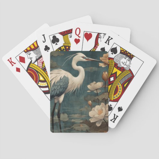 Vintager botanischer Kranich und Lotus Spielkarten (Rückseite)