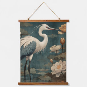 Vintager botanischer Kranich und Lotus Wandteppich Mit Holzrahmen