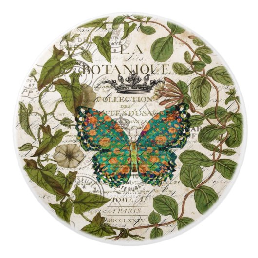 Vintager Botanischer Kunstschmetterling Keramikknauf (Vorderseite)