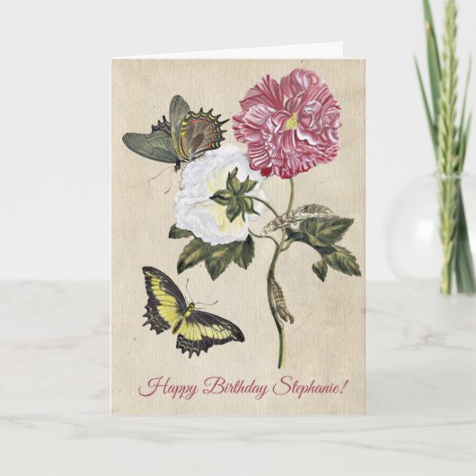 Vintager Botanischer Rose Schmetterling Geburtstag Karte (Vorderseite)