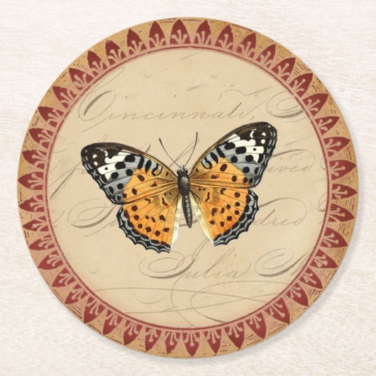Vintager Botanischer Schmetterling mit Burgunder A Runder Pappuntersetzer (Vorderseite)