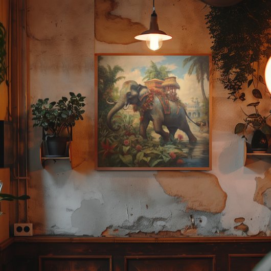 Vintager botanischer Szene-Elefant mit Hewdah Poster