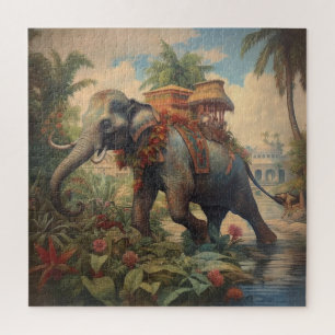 Vintager botanischer Szene-Elefant mit Hewdah Puzzle