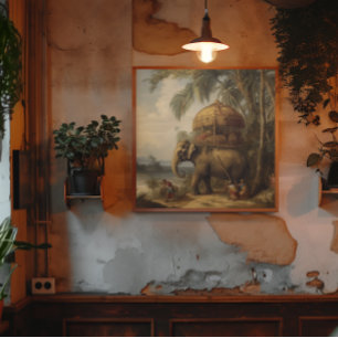 Vintager botanischer Szene-Elefant mit Howdai Leinwanddruck