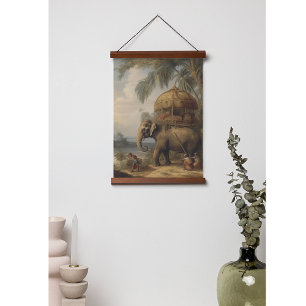 Vintager botanischer Szene-Elefant mit Howdai Wandteppich Mit Holzrahmen