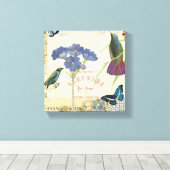 Vintager Bouquet aus Blume, Vögeln und Schmetterli Leinwanddruck (Insitu (Holzboden))