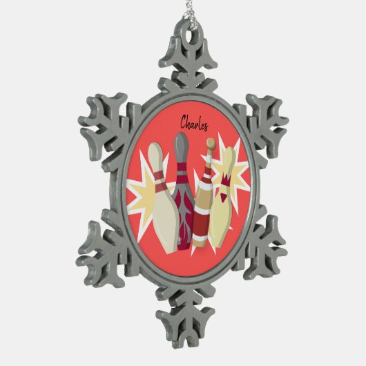 Vintager Bowling Schneeflocken Zinn-Ornament (Links)