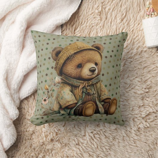 Vintager brauner Teddybär und Punkte Kissen (Decke)