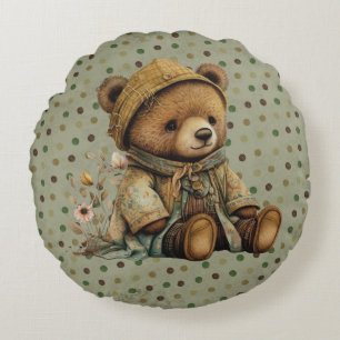 Vintager brauner Teddybär und Punkte Rundes Kissen