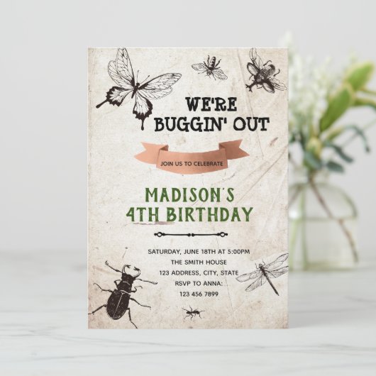 Vintager Buginsektenpfad Geburtstagsparty Einladung (Stehend Vorderseite)