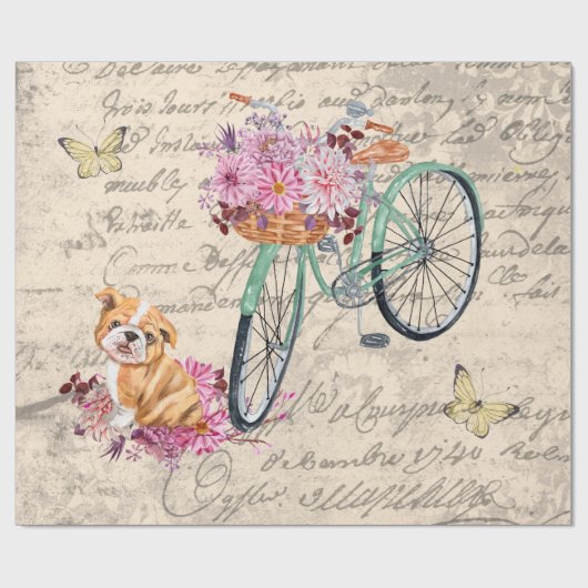 Vintager Bulldog-Blumenradfahrer Ephemera Dekoupag Geschenkpapier (Flach)