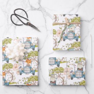 Vintager Bunny Bear Fox Car Foliage Boy Geschenkpapier Set