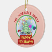 Vintager bunter Happy Holidays Weihnachtsbaum Keramik Ornament (Links)