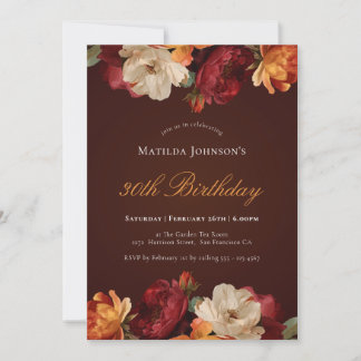 Vintager Burgund Floral 30. Geburtstag Einladung
