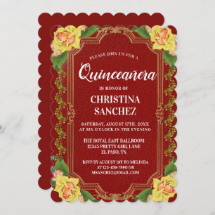 Vintager Burgundy Gelbe Rose Quinceanera Geburtsta Einladung