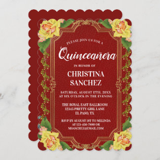 Vintager Burgundy Gelbe Rose Quinceanera Geburtsta Einladung