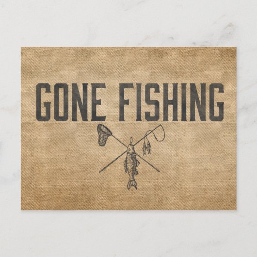 Vintager Burlap Gone Fishing Postkarte (Vorderseite)