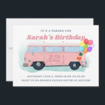 Vintager Bus Retro 70er Geburtstagsparade Einladun Dankeskarte<br><div class="desc">Vintage Busanleitung mit Ballons, Aufklebern und aufbereitbarem Alter an der Autotür</div>