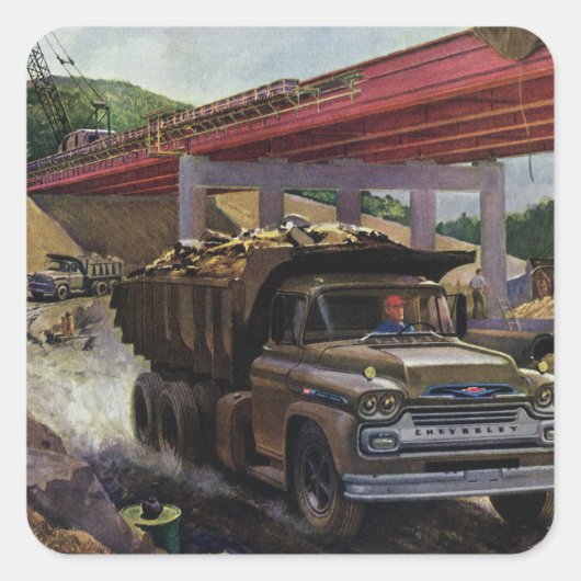 Vintager Business Dump Truck am Baugelände Quadratischer Aufkleber (Vorderseite)