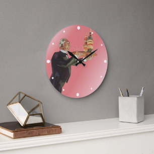 Vintager Butler in einem Tuxedo Wein auf Tray serv Große Wanduhr