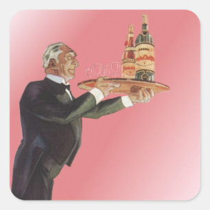 Vintager Butler in einem Tuxedo Wein auf Tray serv Quadratischer Aufkleber