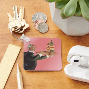 Vintager Butler in einem Tuxedo Wein auf Tray serv Schlüsselanhänger