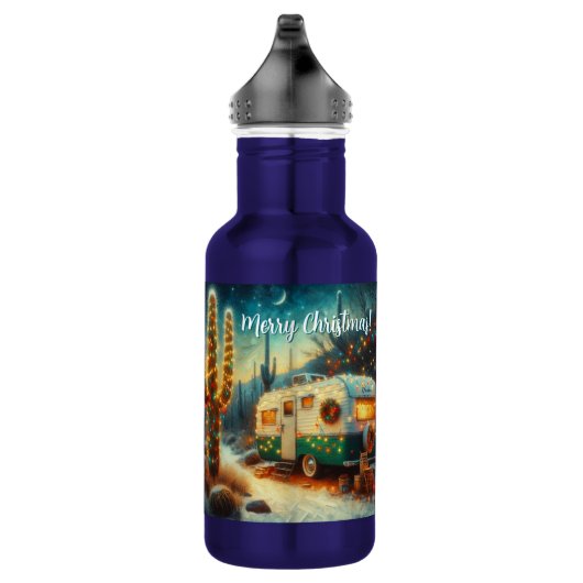 Vintager Camper Saguaro Cactus Christmas Blue Gree Edelstahlflasche (Rechts)