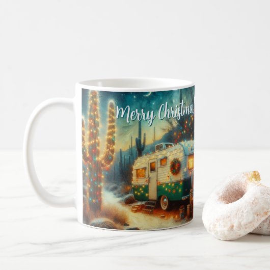 Vintager Camper Saguaro Cactus Christmas Blue Gree Kaffeetasse (Mit Donut)