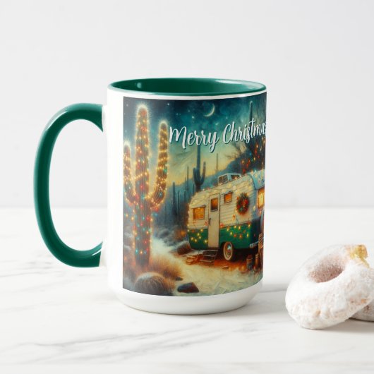 Vintager Camper Saguaro Cactus Christmas Blue Gree Tasse (Mit Donut)