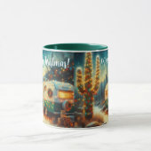 Vintager Camper Saguaro Cactus Christmas Blue Gree Tasse (Zentrum)