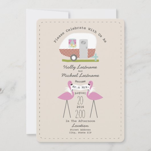 Vintager Camper und Flamingos Hochzeit Einladung (Vorderseite)