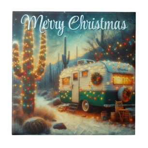 Vintager Camper Weihnachten in der Wüste Personali Fliese