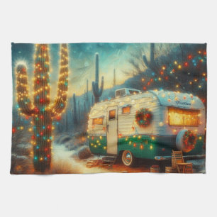 Vintager Camper Weihnachten in der Wüste Saguaro C Geschirrtuch
