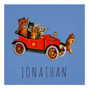 Vintager Cartoon Katzen Kätzchen im Retro-Auto Poster