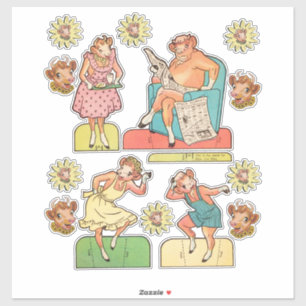 Vintager Cartoon Kuh Bull Familie Papierpuppe ausg Aufkleber