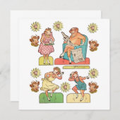 Vintager Cartoon Kuh Bull Familie Papierpuppe ausg Einladung (Vorne/Hinten)