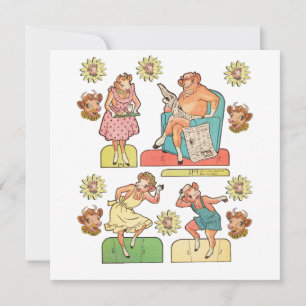 Vintager Cartoon Kuh Bull Familie Papierpuppe ausg Einladung