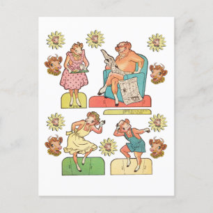 Vintager Cartoon Kuh Bull Familie Papierpuppe ausg Postkarte