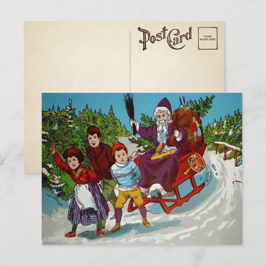 Vintager Cartoon Santa mit Birkensticken Postkarte (Vorne/Hinten)