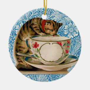 Vintager Cat and Tee Cup, Viktorianisch Retro Keramik Ornament