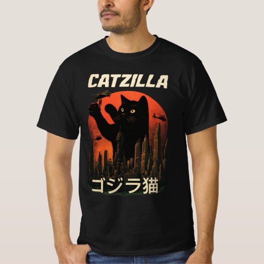 Vintager Catzilla: Funny Cat Monster T-Shirt (Vorderseite)