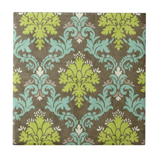 Vintager Celadon-und Aqua-Damast Fliese (Vorderseite)