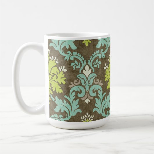 Vintager Celadon-und Aqua-Damast Kaffeetasse (Links)