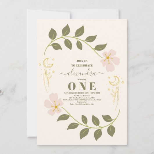 Vintager Celestial Botanical 1. Geburtstag Einladung (Vorderseite)